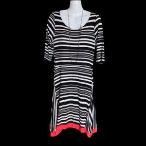 COCO & TASHI Black & White Striped Dress w/ Coral Trim!!! Size L